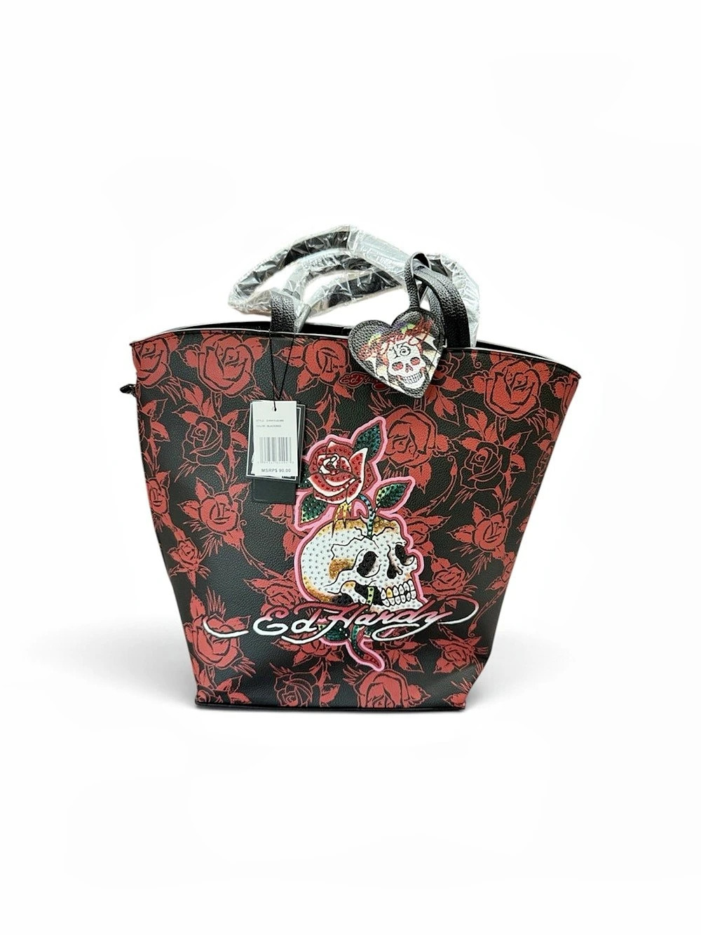 Ed Hardy Black & Red Rose Skull Rhinestone Tote Bag